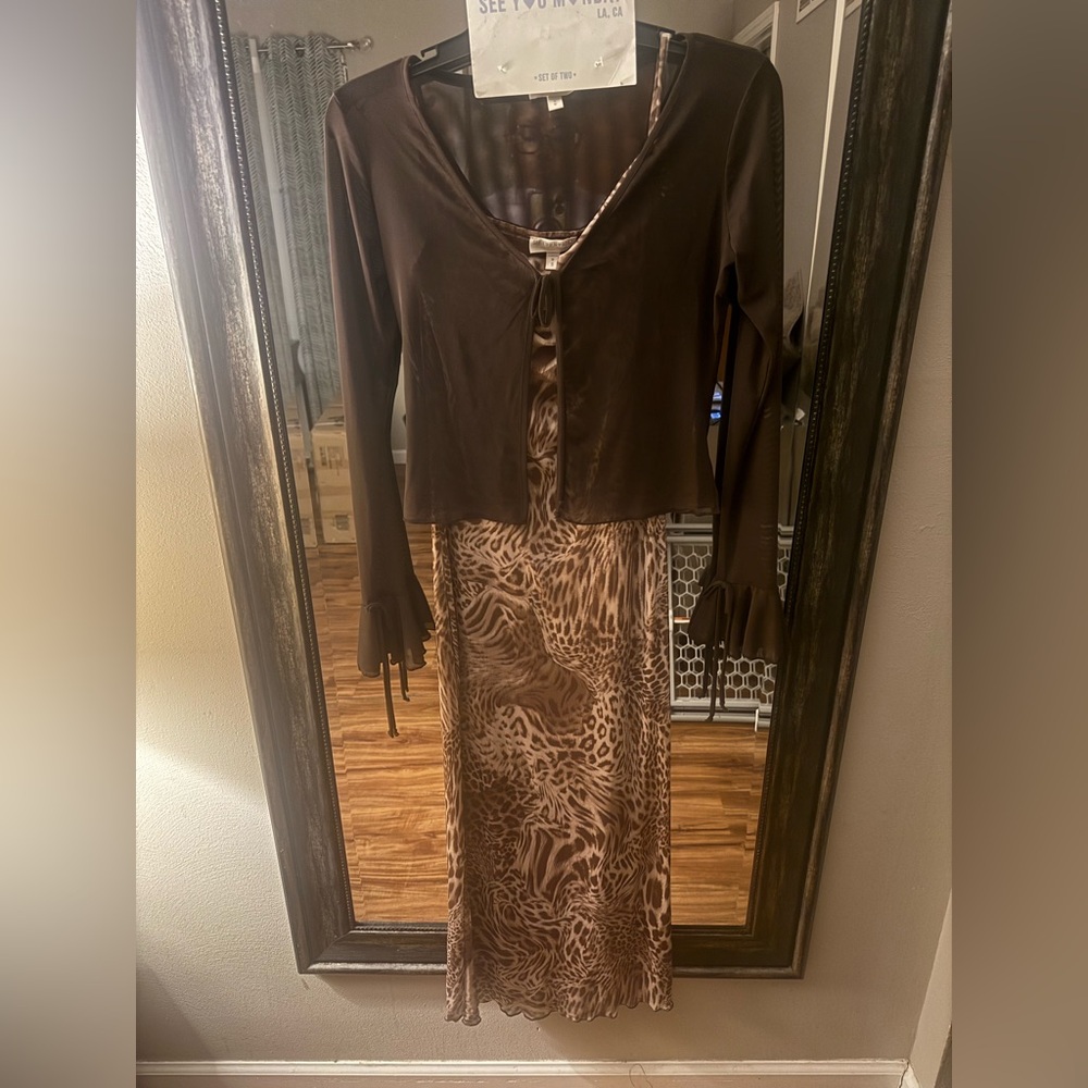 See You Monday Brown Animal Print dress with Sheer Cardigan - Picture 12 of 13
